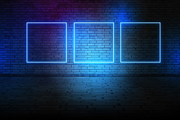 Futuristic Sci Fi Elegant Modern Neon Glowing Rectangle Frame Shaped Lines Tubes Purple Pink Blue Colored Lights In Dark Empty Grunge Concrete Brick Room