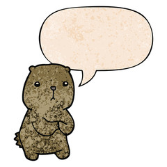 cartoon worried bear and speech bubble in retro texture style