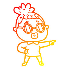 warm gradient line drawing cartoon pointing woman wearing spectacles