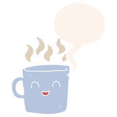 cute coffee cup cartoon and speech bubble in retro style