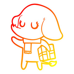 warm gradient line drawing cute cartoon elephant with gift