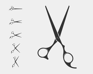 Set hair cut scissor icon. Scissors vector design element or logo template. Black and white silhouette isolated. - obrazy, fototapety, plakaty