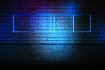 Futuristic Sci Fi Elegant Modern Neon Glowing Rectangle Frame Shaped Lines Tubes Purple Pink Blue Colored Lights In Dark Empty Grunge Concrete Brick Room