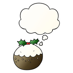 cartoon christmas pudding and thought bubble in smooth gradient style