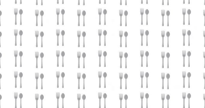 Silverware icons illustrated fork & spoon background video clip motion backdrop video in a seamless repeating loop.  Kitchen food restaurant themes illustration background high definition motion clip