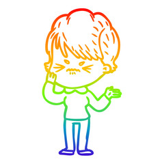 rainbow gradient line drawing cartoon frustrated woman