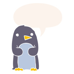 cartoon penguin and speech bubble in retro style