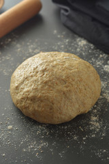 Pastry dought cooking process for baking bread, italian pizza, pasta or other pastry. Flat lay.