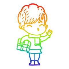 rainbow gradient line drawing cartoon woman thinking