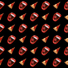 A collage of paintings of modern art. Mad mouth shouts to the pizza lover. Seamless minimal pattern. Fashionable black color. Use for t-shirts, greeting cards, wrapping paper.