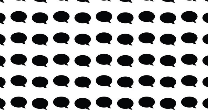 Speech balloons background clip talk bubble motion backdrop video in a seamless repeating loop.  Black & white chat bubbles communication icon pattern background high definition motion video clip