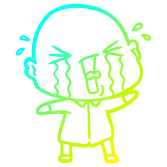 cold gradient line drawing cartoon crying bald man