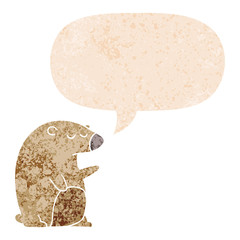 cartoon bear and speech bubble in retro textured style