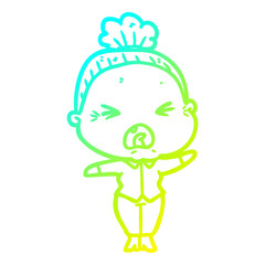 cold gradient line drawing cartoon angry old woman