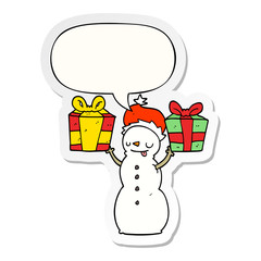 cartoon snowman and present and speech bubble sticker