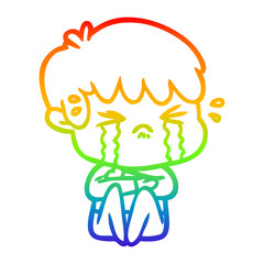 rainbow gradient line drawing cartoon boy crying