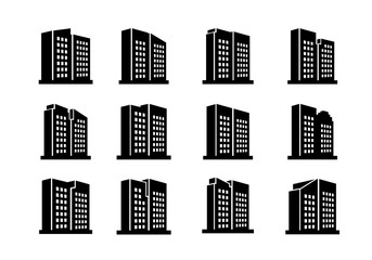 Perspective company icons and vector buildings set, Black office collection on white background