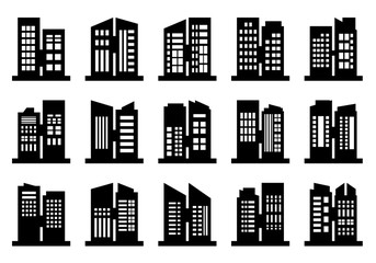 Obraz premium Company icons vector set, Black building office collection on white background