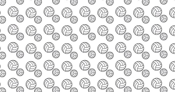 Illustrated volleyball background video clip motion backdrop video in a seamless repeating loop. Black & white  volleyballs sports icon pattern white background high definition video