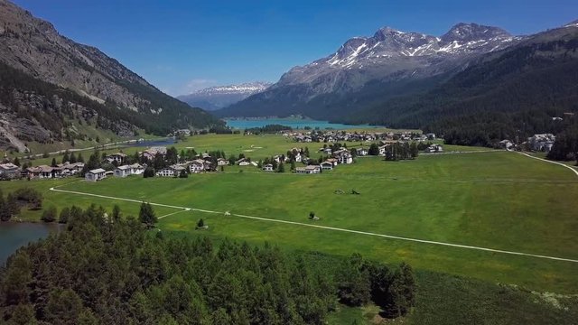 Aerial panorama of Engadin valley and Silvaplana lake, Graubunden, Switzerland.