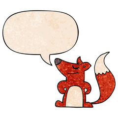 cartoon fox and speech bubble in retro texture style