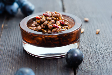pile of grape seeds on glass dish