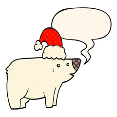 cartoon bear wearing christmas hat and speech bubble in comic book style