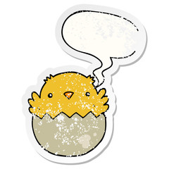 cartoon chick hatching from egg and speech bubble distressed sticker