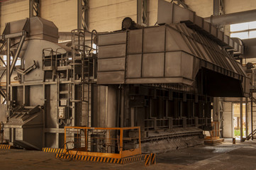 Aluminum plant. aluminum smelting bucket. Safe environmental high-tech processes. Modern smelter. Melting furnace