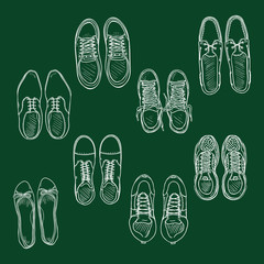 Vector Set of Chalk Sketch Shoes Items. Top View.