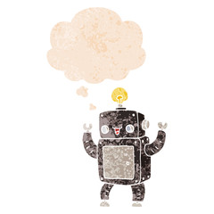 cartoon happy robot and thought bubble in retro textured style