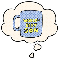 worlds best son mug and thought bubble in comic book style