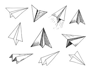 Set of paper planes. Hand drawn sketch with transparent background. Vector
