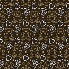 Fototapeta premium Dark background pattern. Seamless pattern with teddy bear and birthday presents. Cute wallpaper. Vector image