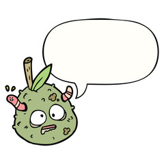 cartoon rotting old pear and worm and speech bubble