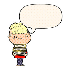 cartoon friendly boy and books and speech bubble in comic book style