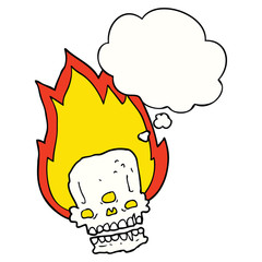 spooky cartoon flaming skull and thought bubble