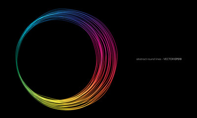 Vector abstract circles lines round frame colorful rainbow isolated on black background with empty space for text