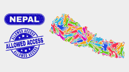 Production Nepal map and blue Allowed Access grunge seal. Colored vector Nepal map mosaic of equipment elements. Blue rounded Allowed Access seal.