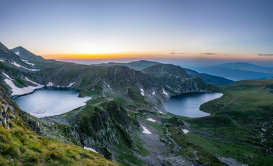 Sunrise aerial view of seven rila lakes in Bulgaria
