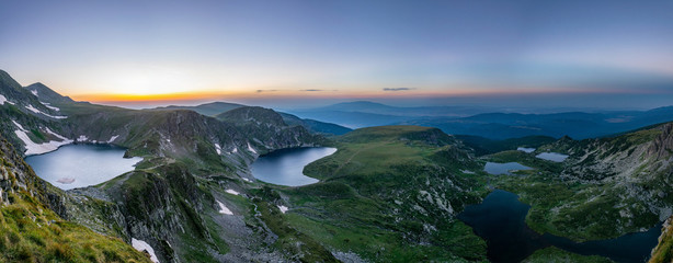 Sunrise aerial view of seven rila lakes in Bulgaria - obrazy, fototapety, plakaty