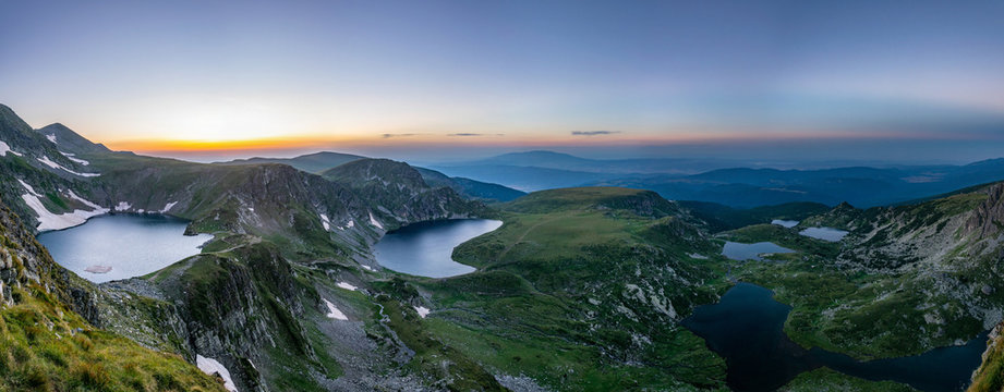 Sunrise aerial view of seven rila lakes in Bulgaria