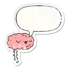 happy cartoon brain and speech bubble distressed sticker