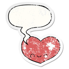 cartoon love heart character and speech bubble distressed sticker