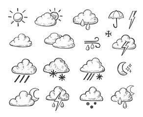 Weather icons outline. Hand drawn illustration converted to vector