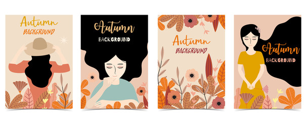 Collection of autumn background set with woman,leaves,flower.Vector illustration for invitation,postcard and sticker.Editable element