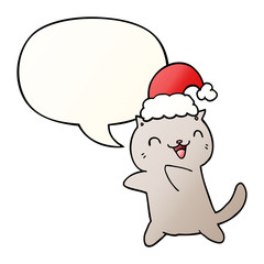 cute cartoon christmas cat and speech bubble in smooth gradient style