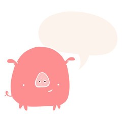 cartoon happy pig and speech bubble in retro style