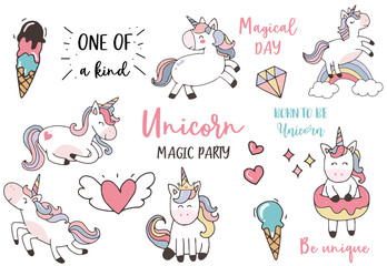 pastel unicorn set with unicorn,ice cream,rainbow,diamond,heart illustration for sticker,postcad,birthday invitation © piixypeach