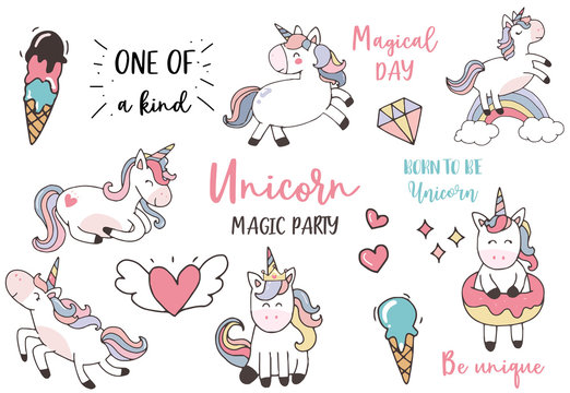 pastel unicorn set with unicorn,ice cream,rainbow,diamond,heart illustration for sticker,postcad,birthday invitation